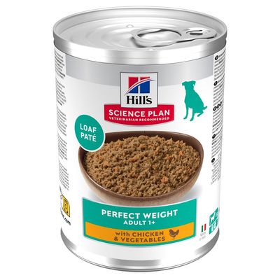 Hill's Science Plan Perfect Weight Adulte 1+ Mousse Pâté au poulet et aux légumes, boîte avec illustration de la nourriture, fabriqué en Italie.