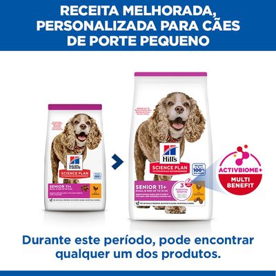 Hill's Science Plan Senior 11+ Small & Mini até 10 kg com frango. Apoia imunidade, articulações e órgãos em cães pequenos idosos. Sem conservantes, corantes ou aromas artificiais.
