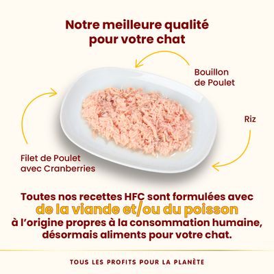 Filet de poulet avec des canneberges, bouillon de poulet et riz. Recettes HFC à base de viande et/ou de poisson de qualité alimentaire, désormais en nourriture pour chat. Tous les bénéfices pour la planète.