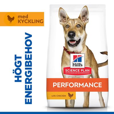 Hill's Science Plan Performance Adult 1+ med kyckling. Energirikt foder för aktiva, arbetande och jagande hundar. Utan konstgjorda konserveringsmedel, färger eller aromer.