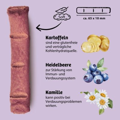 Soft-Stick, ca. 65 x 10 mm. Zutaten: Kartoffeln (glutenfrei), Heidelbeere zur Stärkung von Immun- und Verdauungssystem, Kamille kann bei Verdauungsproblemen wirken.