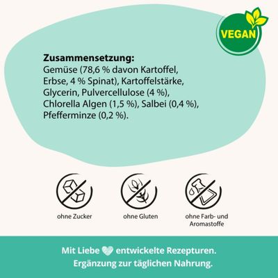 Zusammensetzung: Gemüse, Kartoffel, Erbse, Spinat, Kartoffelstärke, Glycerin, Pulvezellulose, Chlorella Algen, Salbei, Pfefferminze. Vegan, ohne Zucker, ohne Gluten, ohne Farb- und Aromastoffe.