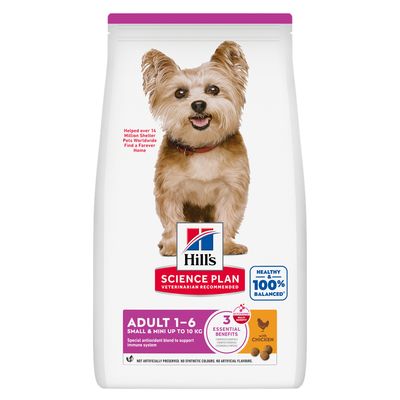 Sac Hill's Science Plan Adult 1–6 Small & Mini up to 10 kg, poulet, mélange antioxydant spécial pour l’immunité des petits chiens adultes. Sans conservateurs ni arômes artificiels.