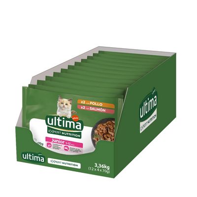 Ultima Expert Nutrition Junior karma dla kotów, 3,36 kg (12 x 4 x 70 g), smaki: kurczak i łosoś. Odpowiednia dla kotów w wieku 1-12 miesięcy.