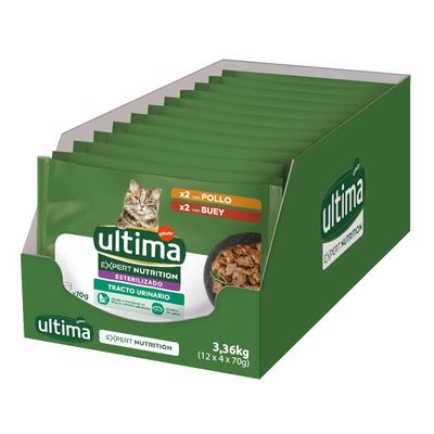 Ultima Expert Nutrition Sterilizado Tracto Urinario, 3,36 kg (12x4x70 g), z kurczakiem i wołowiną. Opakowanie pokazuje saszetki i szczegóły produktu.