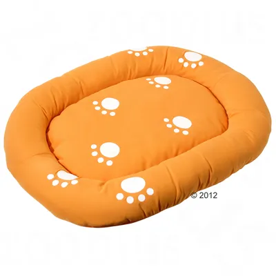 Ovaal oranje huisdierenkussen van stof met witte pootafdrukken, opstaande rand rondom. Geen merknaam zichtbaar. Ovaal oranje huisdierenkussen van stof met witte pootafdrukken, opstaande rand rondom. Geen merknaam zichtbaar.