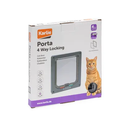 Emballage de chatière Karlie Porta 4 Way Locking, illustration du produit, texte multilingue : Cat door, Katzentür, Kattendeur, Chatière. www.karlie.de visible en bas.