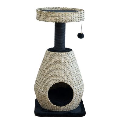Krabpaal van gevlochten natuurmateriaal met hol, zwarte krabpaal en platform met hangende speelbal.