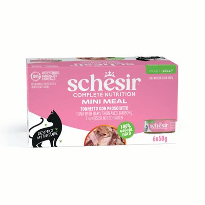 Schesir Mini Meal dla dorosłych kotów, tuńczyk w galarecie, 6x50g, 100% naturalne filety, z dodatkiem witamin.