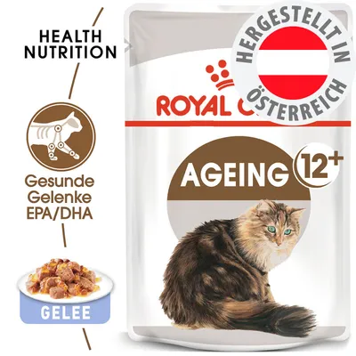 Royal Canin Ageing 12+, Gelee, gesunde Gelenke EPA/DHA, hergestellt in Österreich, Health Nutrition, Abbildung einer Katze auf der Verpackung.