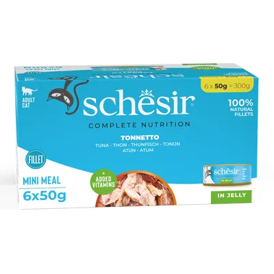 Schesir Mini Meal за възрастни котки, риба тон в желе, 6x50g, 100% натурални филета, с добавени витамини.