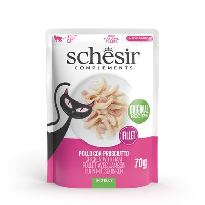 Schesir Complements para gatos adultos, receita original com peito de frango em geleia. Embalagem: 6x70g, total 420g. Filetes 100% naturais, +hidratação.