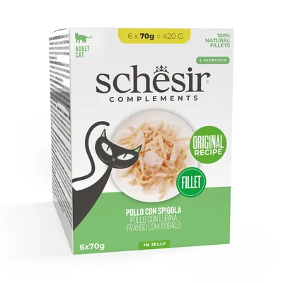 Schesir Complements pour chat adulte, 6 x 70 g, filets naturels, recette originale, poulet avec spigola, en gelée. Texte visible : 100% natural fillets, original recipe, fillet, in jelly.
