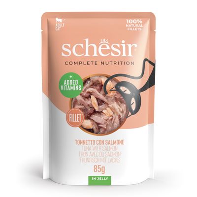 Schesir Complete Nutrition dla dorosłych kotów, filet z tuńczyka w galarecie, 6x85g, z dodatkowymi witaminami, 100% naturalne filety.