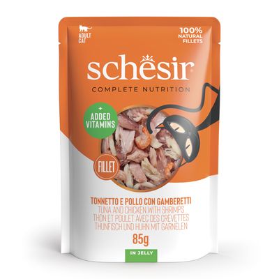 Schesir Complete Nutrition aikuisille kissoille, tonnikalafileet hyytelössä, 6x85g, lisävitamiineilla, 100 % luonnolliset fileet.