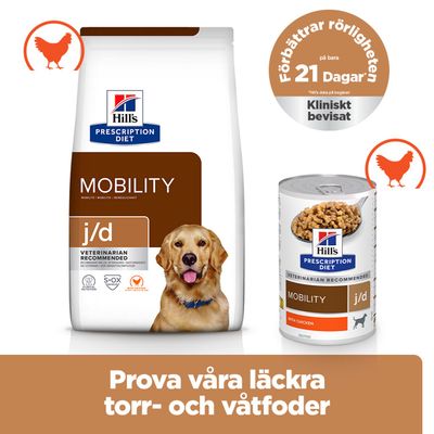Hill's Prescription Diet Mobility j/d torr- och våtfoder med kyckling, kliniskt bevisat förbättrar rörligheten på 21 dagar. Prova våra läckra torr- och våtfoder.