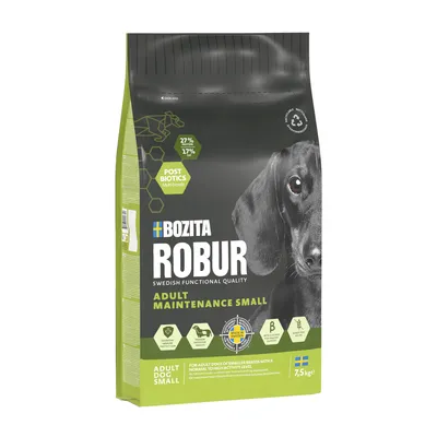 Bozita Robur Adult Maintenance Small, qualità funzionale svedese, postbiotici, 27% proteine, 17% grassi, per cani di piccola taglia con attività normale o elevata, 7,5 kg.