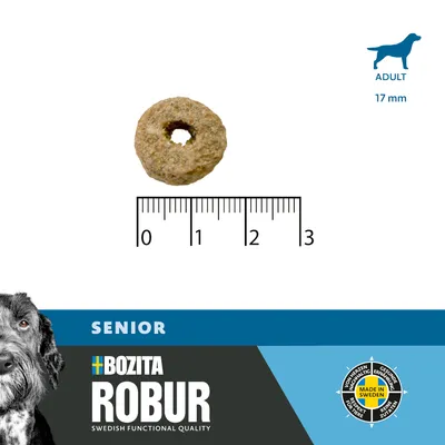 Kroketform med en diameter på 17 mm, målestok nedenunder. Tekst: ADULT, SENIOR, BOZITA ROBUR, Made in Sweden, ingredienser af høj kvalitet, sund ernæring.