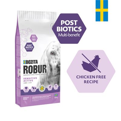Bozita Robur Sensitive Active Lam, Adult Hond, 12 kg. Postbiotica Multi-voordeel. Recept zonder kip. Zweedse vlag zichtbaar.