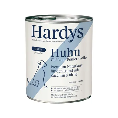 Hardys Huhn Sensitiv, prémiové přírodní krmivo pro psy s cuketou a hruškou, bez obilovin, vhodné pro citlivý žaludek. Vyrobeno v Německu s bylinnou recepturou.
