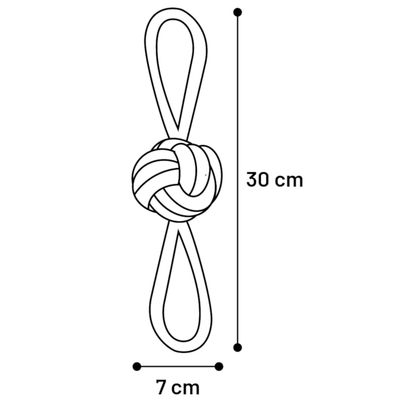 Diagramm eines Spielzeugs mit Knoten und Schlaufen. Masse: Länge 30 cm, Breite 7 cm.
