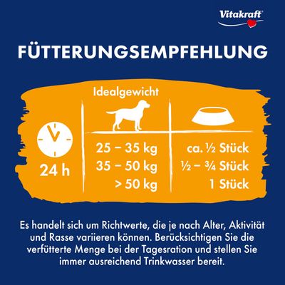 Fütterungsempfehlung: Idealgewicht 25-35kg ca. 1/2 Stück, 35-50kg 1/2-3/4 Stück, >50kg 1 Stück täglich. Richtwerte variieren nach Alter, Aktivität und Rasse. Ausreichend Trinkwasser bereitstellen.