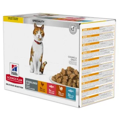 Hill's Science Plan Sterilised Cat Adult 1–6 Years, Delicious Selection: 3x pollo, 3x salmone, 3x tacchino, 3x trota. Chunks & Gravy. Immagine di un gatto e ciotola con bocconcini.