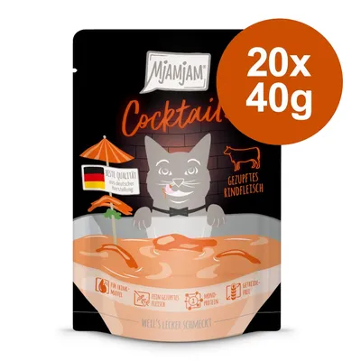 MjAMjAM Cocktail, strimlat nötkött, högsta kvalitet från tysk produktion, 20x40g, för kräsna drickare, finstrimlat kött, monoprotein, spannmålsfri.