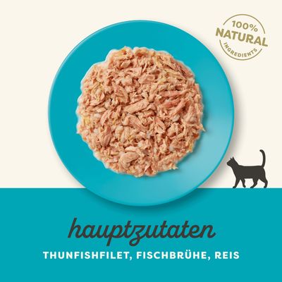 Hauptzutaten: Thunfischfilet, Fischbrühe, Reis. 100% natürliche Zutaten. Silhouette einer Katze rechts unten.