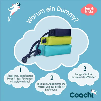 Warum ein Dummy? Klassisches, gepolstertes Modell für Hunde mit weichem Maul. Ideal zum Apportieren im Wasser und aus größerer Entfernung. Langes Seil für extra-weites Werfen.