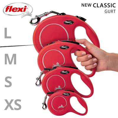 Flexi New Classic Gurt in Rot, erhältlich in Grössen XS, S, M und L. Abgebildet mit ergonomischem Griff und einziehbarer Leine.