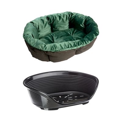 Grünes, gepolstertes Kissen wird in ein schwarzes Kunststoffbett mit Belüftungsschlitzen eingesetzt. Hinweis auf Kombinierbarkeit von Bett und Kissen.