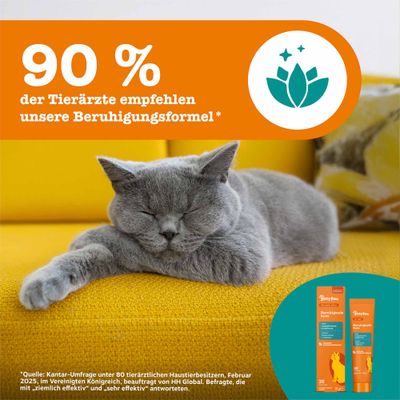 90 % der Tierärzte empfehlen unsere Beruhigungsformel. Abbildung einer entspannten Katze und Produktverpackung mit Aufschrift 'Beruhigende Paste'.