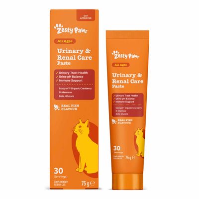 Zesty Paws Urinary & Renal Care Paste, All Ages, 75 g. Supports urinary tract health, urine pH balance and the immune system. With organic cranberries, D-mannose, beta-glucans, fish flavour.