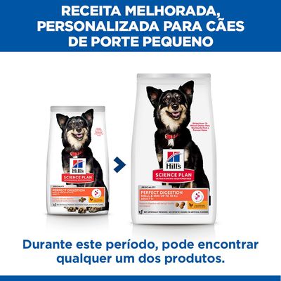 Embalagem de Hill's Science Plan Perfect Digestion para cães pequenos até 10 kg, Adult 1+, com frango e arroz integral. Inclui texto: 'Unique Nutrition with ActivBiome+ Technology'.