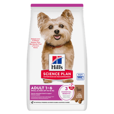 Hill's Science Plan Adulte 1-6 Small & Mini jusqu'à 10 kg, à l'agneau et au riz. 3 bénéfices essentiels, 100 % équilibré, soutient le système immunitaire. Pour animaux adultes selon l'emballage.