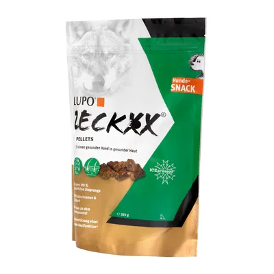 Sachet LUPO Zeckex Pellets, Hundesnack, 325 g. Texte visible : gluten 100 % natürlichen Ursprungs, mit Cistus Incanus & Knoblauch, Unterstützung einer normalen Hautfunktion.