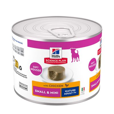 Hill's Science Plan Mousse Fondante au Poulet, Small & Mini, Mature Adulte 7+, Fabriqué en Italie. Boîte avec tableau d'alimentation et consignes de recyclage.