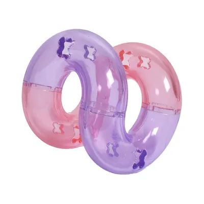 Zwei durchsichtige Spielringe in Rosa und Lila mit Knochenförmigen Aussparungen.