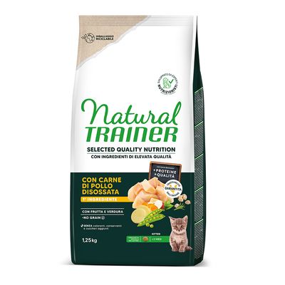 Natural Trainer Katzenfutter für Kitten, mit entbeintem Hühnerfleisch, Frucht und Gemüse, ohne Getreide, 1,25kg. Verpackung recycelbar.