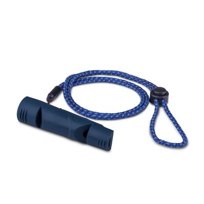Dunkelblaue Hundepfeife mit geflochtener blauer Kordel und verstellbarer Schlaufe.