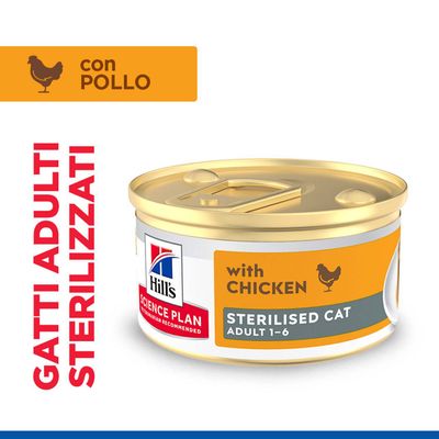 Hill's Science Plan alimento umido in lattina con pollo per gatti adulti sterilizzati, Adult 1-6. Testo: con pollo, with chicken, sterilised cat, gatti adulti sterilizzati.