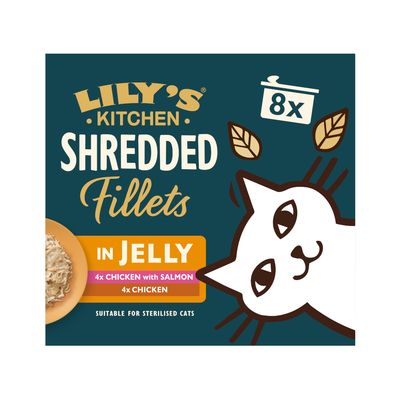 Lily's Kitchen Shredded Fillets. Aliment pour chats, ingrédients naturels, sans céréales, sans sucres ajoutés. Variétés : Simply Chicken, Chicken & Ham, Chicken & Mussels, Tuna & Salmon.