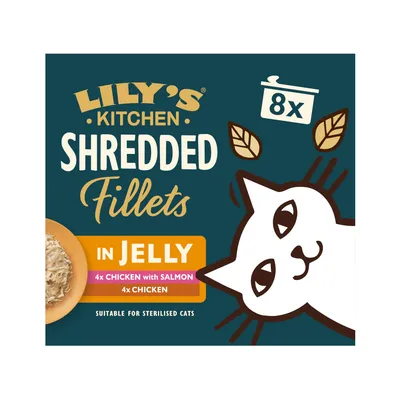 Lily's Kitchen Shredded Fillets für Katzen 8 x 70 g - Mixpaket in Brühe (4 Sorten)