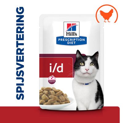 Hill's Prescription Diet i/d kattenvoer met kip, spijsvertering, ActiveBiome+ Digestion, verpakking met voerbrokjes en een afgebeelde kat.