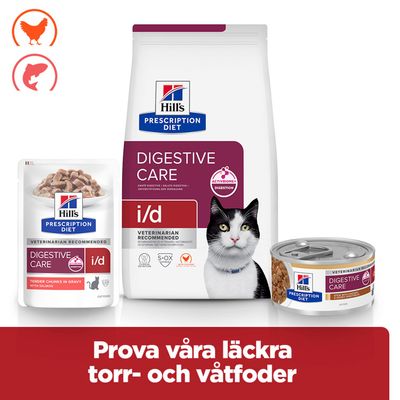 Hill's Prescription Diet Digestive Care i/d kattfoder, torr- och våtfoder med höna och lax. Prova våra läckra torr- och våtfoder.