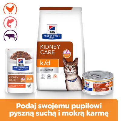Hill's Prescription Diet Kidney Care k/d karma sucha i mokra, ilustracje kurczaka, ryby, wołowiny. Tekst: Podaj swojemu pupilowi pyszną suchą i mokrą karmę.