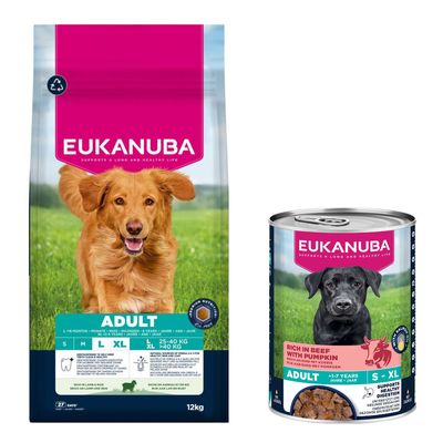 Eukanuba Premium Nutrition Dry Dog Food + Eukanuba Wet Dog Food Free! * Adult Large & Giant Breed Lamb & Rice (12kg) + Adult Rich in Beef with Pumpkin (3 x 400g)