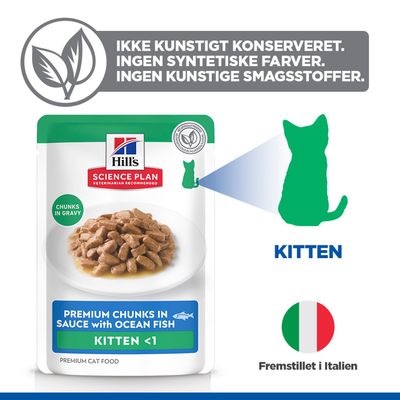 Hill's Science Plan Premium Bider i Sauce med Havfisk Killing <1. Ingen kunstige konserveringsmidler, ingen syntetiske farvestoffer, ingen kunstige aromaer. Fremstillet i Italien.