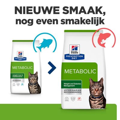 Hill's Prescription Diet Metabolic kattenvoer, nieuwe smaakvariant. Verpakkingswijziging van 'weight loss & maintenance' naar 'Weight and Diabetes Management'.